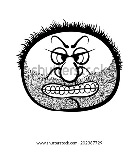Angry cartoon face with stubble, black and white vector illustration.