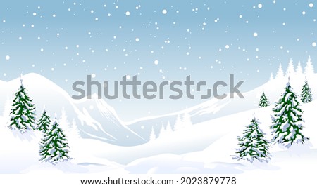 Winter landscape. Snow-capped mountains, spruce covered with snow. Snow, snowflakes. Winter scene.