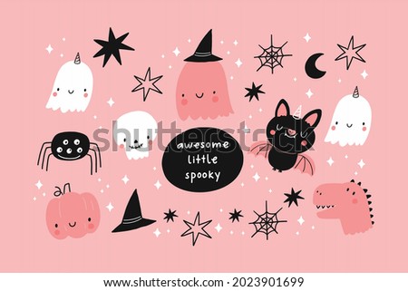 Happy Halloween cute vector set pattern with cartoon ghost, skull, bat, pumpkin, spider, stars. Pink and blak print in flat style. Halloween lettering quote