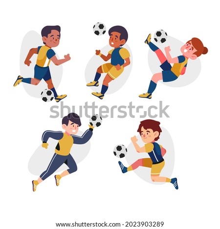 Football players collection. Soccer player flat set. Team characters in uniform. Animation movement or training. Sport clothes. Ball dribble, athlete. Vector illustration.