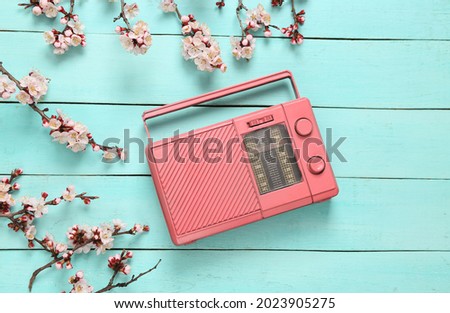 Fm radio and Beautiful pink flowering branches on blue wooden background. Springtime, music concept. Flat lay, top view