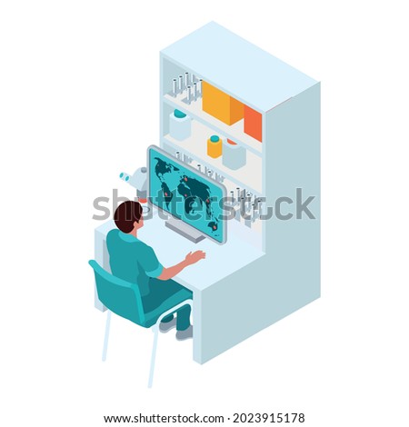 Isometric infectious disease doctor scientist virologist composition with worker checking world map for viral outbreaks vector illustration