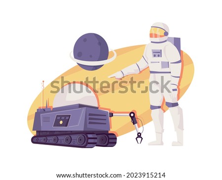 Robotics flat composition with images of automated rover with manipulator arm and astronaut with planet vector illustration