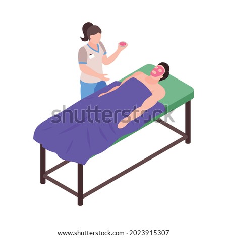 Isometric cosmetologist composition with view of patient on table with operating doctor vector illustration