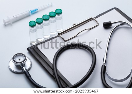 Medical clipboard. Healthcare medical infographic, doctor health stethoscope and analysis vaccination statistics. Global economy recovery after Covid 19 concept