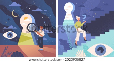 Young male and female characters are standing confused near keyhole. Concept of self discovery and cognitive search. Personality development with inner identity. Flat cartoon vector illustration Royalty-Free Stock Photo #2023935827