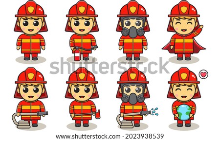 Vector illustration of firefighters set. Fire fighter profession with flat design style. Good for icon, label, sticker, clipart.