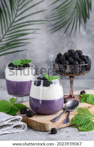 Blackberry mousse dessert with whipped cream, decorated fresh berries and mint. Healthy portioned dessert. Selective focus. 