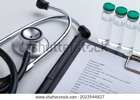 Medical clipboard. Healthcare medical infographic, doctor health stethoscope and analysis vaccination statistics. Global economy recovery after Covid 19 concept