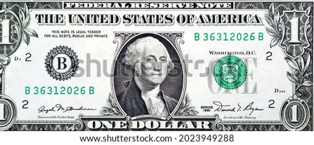 Large fragment of the Obverse side of 1 one dollar bill banknote series 1981 with the portrait of president George Washington, old American money banknote, vintage retro, United States of America Royalty-Free Stock Photo #2023949288