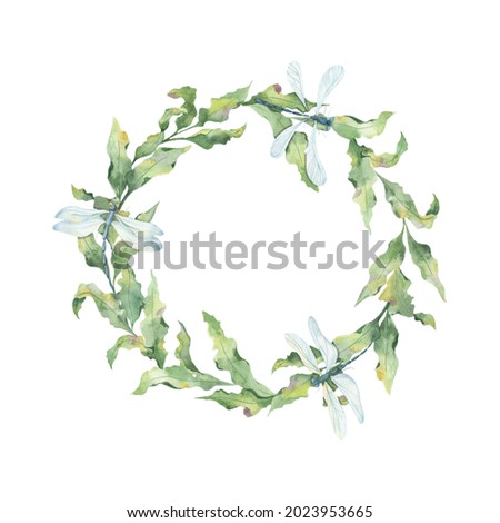 Watercolor round frame with colorful flying dragonflies and twigs of leaves on a white background. Illustrations for postcards, posters, fabrics, decor, packaging
