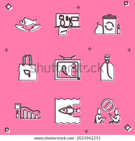 Set Fish care, Stop plastic pollution, Recycle bin with recycle, Shopping bag, Bottle of liquid soap, Ecology infographic and ocean icon. Vector