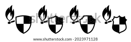 Burning match icon behind shield, different versions. Protection from fire concept