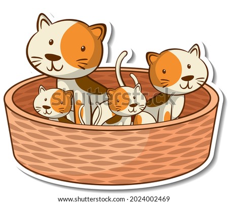 Cat family members in the basket sticker illustration