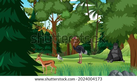 Rainforest at daytime scene with different wild animals illustration
