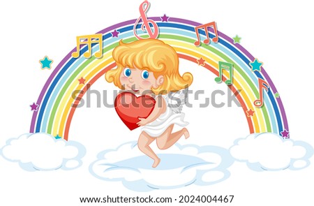 Cupid girl holding heart with melody symbols on rainbow illustration