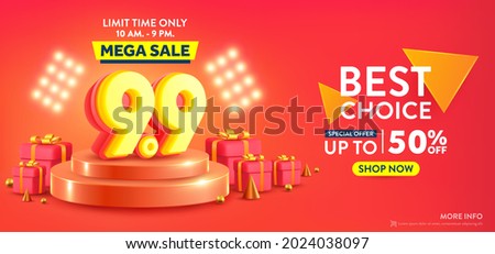 9.9 Shopping day banner with red gift box and podium scene. Sales banner template design for social media and website. Royalty-Free Stock Photo #2024038097