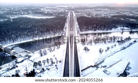 Winter drone photography of Redzinski Bridge over the Odra River in Wroclaw, Poland
