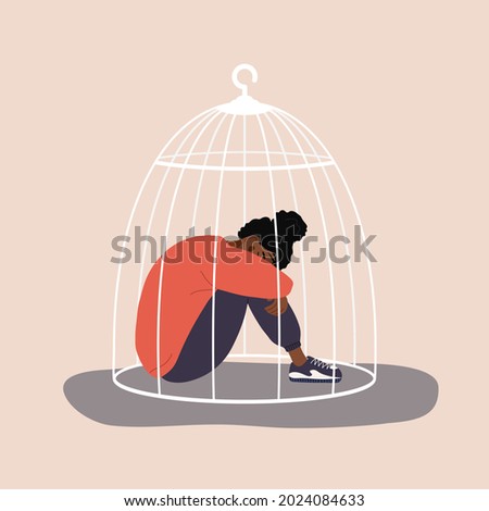 African locked in cage. Sad girl needs psychological help. Social isolation concept. Female empowerment movement. Violence in family. Vector illustration in cartoon style. Royalty-Free Stock Photo #2024084633