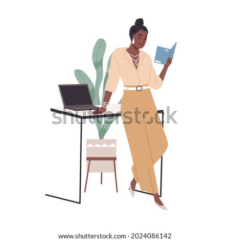 Woman reading book at office desk. Happy reader studying professional business literature. Modern African American businesswoman learning. Flat vector illustration isolated on white background Royalty-Free Stock Photo #2024086142