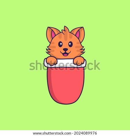 Cute cat in red pocket. Animal cartoon concept isolated. Can used for t-shirt, greeting card, invitation card or mascot.