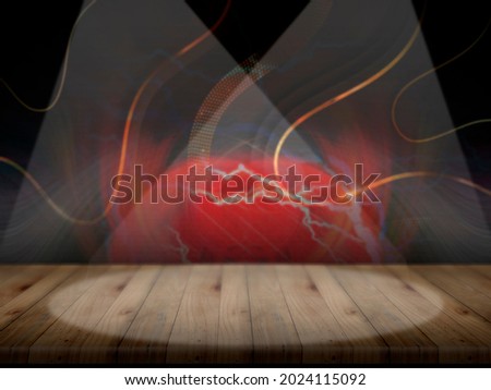 wooden table in front with beautiful colorful abstract background. suitable for food background or all technology-themed products. Background for all your products.
