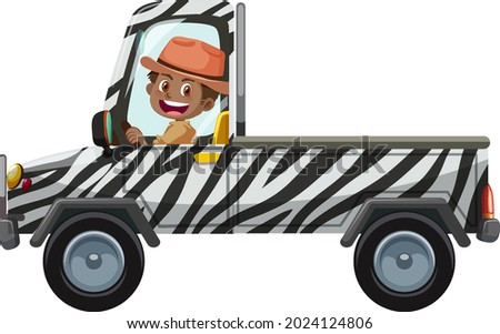 Zoo concept with driver man drives pick-up car isolated illustration