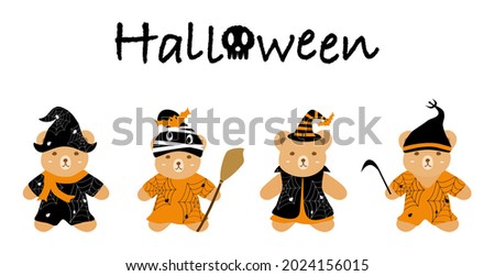 Vector - Cute Teddy bear wearing Halloween dress with word and ghost. Clip art. Bundle. Cartoon style. Holiday, Seasonal greeting. Can be use decorate any card, web, banner, poster, print, sticker. 