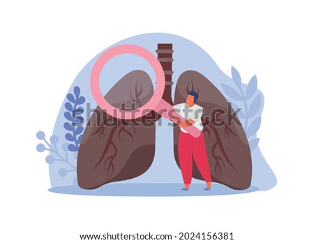Lung inspection flat icons composition with male character holding hand glass with human lungs vector illustration