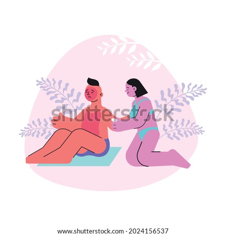 Sun protection flat composition with woman applying sun protection cream to overheated man vector illustration