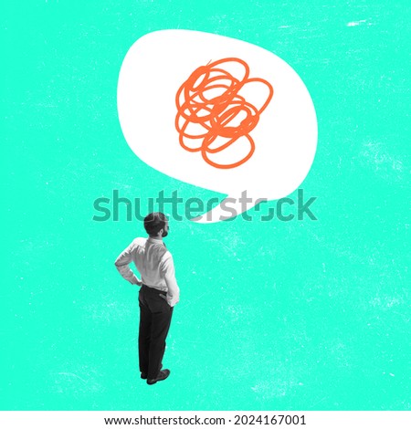Thinking. Young businessman, finance analyst or clerk in business clothes standing isolated on color background. Concept of finance, economy, professional occupation, business, ad. Illustration