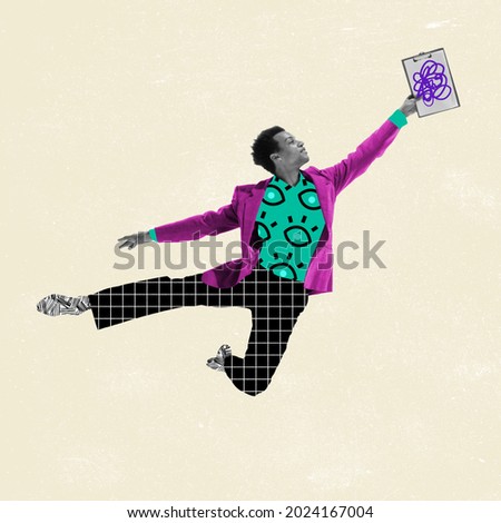 Man, ballet dancer jumping on pastel background. Modern design, contemporary art collage. Inspiration, idea, trendy urban magazine style. Negative space to insert your text or ad. Minimalism.