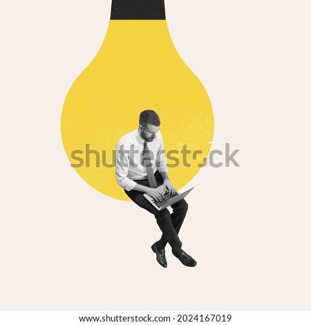 Online education, remote work. Young man manager or clerk using laptop isolated on light background. Contemporary art collage. Inspiration, idea, trendy. Concept of professional occupation, business Royalty-Free Stock Photo #2024167019