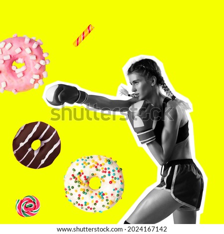 Fit young woman fighting off bad food on color background. Female boxing with sweet donuts. Healthy eating concept. Modern design, contemporary creative art collage. Inspiration, trendy urban style. Royalty-Free Stock Photo #2024167142