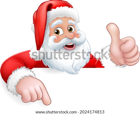 Santa Claus Christmas cartoon character peeking over a sign giving a thumbs up and pointing.