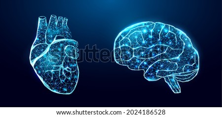 Human heart and brain. Wireframe low poly style. Abstract modern 3d vector illustration on dark blue background. 