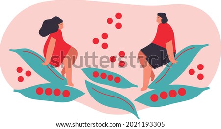Tiny man and woman with peas, vegetables. Vector illustration. Funny colored typography poster, advertising, packaging print design, market, farmers market decoration. vegetables concept. Isolated. 