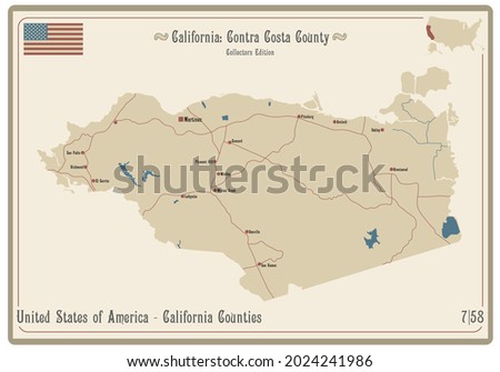 Map on an old playing card of Contra Costa county in California, USA. Royalty-Free Stock Photo #2024241986