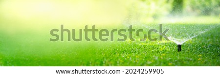 Automatic garden lawn sprinkler in action watering grass using as background cover page Royalty-Free Stock Photo #2024259905
