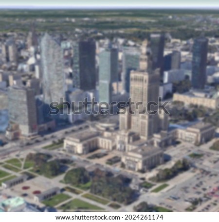 Warsaw city, Poland, defocused blurred view of skyscraper aerial view high angle, high resolution pictures