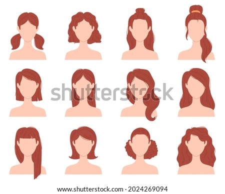 Cartoon female fashion hairstyle for short, long and curly hair. Woman head with haircuts, ponytail and bun. Flat girl hairstyles vector set. Illustration of female haircut portrait, cartoon hairstyle Royalty-Free Stock Photo #2024269094
