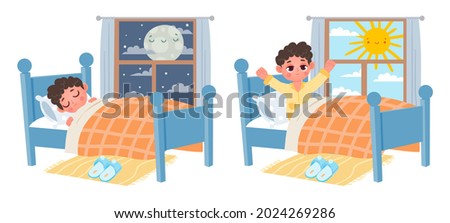 Cartoon kid boy sleep at night, wake up at morning. Child in bed and window with moon or sun. Sweet dream and healthy sleep vector. Illustration of sleep rest and wake up in comfortable pajamas Royalty-Free Stock Photo #2024269286