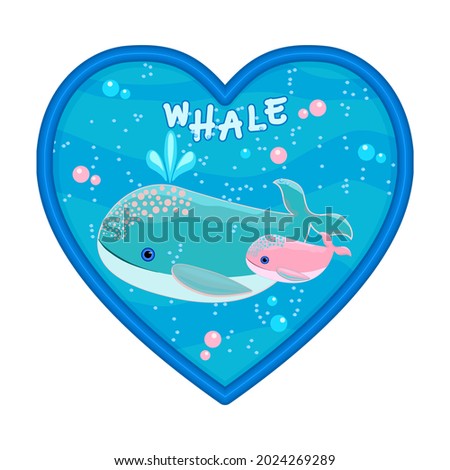 Whale family in heart shaped frame isolated on white background. Ocean landscape with whales. Cute cartoon whale with baby. Happy Mothers or Ocean Day. Marine life concept. Stock vector illustration