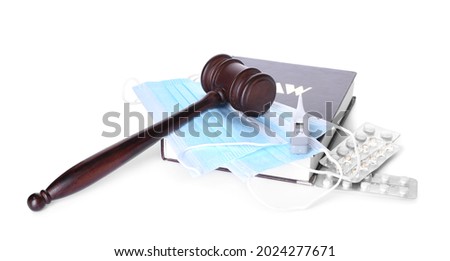 Judge gavel, masks, book and pills on white background. Concept of health care reform