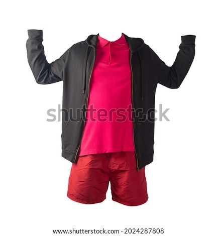 black sweatshirt with iron zipper hoodie,red  shirt and red sports shorts isolated on white background. casual sportswear