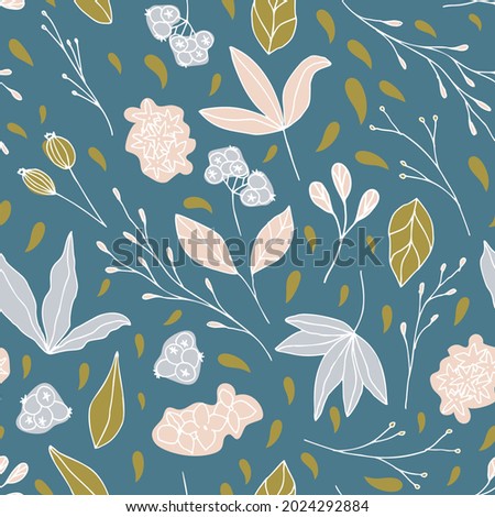 Floral vector seamless pattern with  flowers, leaves and berries. Beautiful hand drawn flowers in  light pastel colors in vintage style.