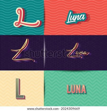 name Luna in various Retro graphic design elements, set of vector Retro Typography graphic design illustration