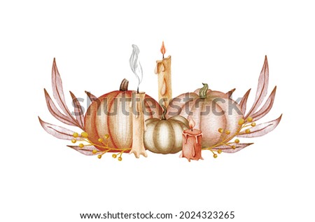 Halloween card design, give thanks handwritten text, wooden banner, board, pumpkins, flowers, farm harvest, watercolor illustration, autumn, fall holiday clip art isolated on white background.