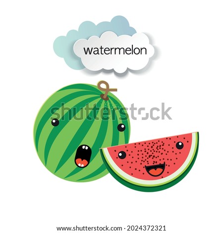 cute watermelon and watermelon slice and paper cut clouds. Template for poster, postcard, packaging.