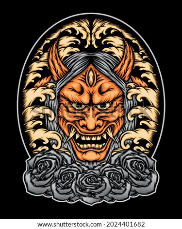 Oni mask japan with roses. Premium vector